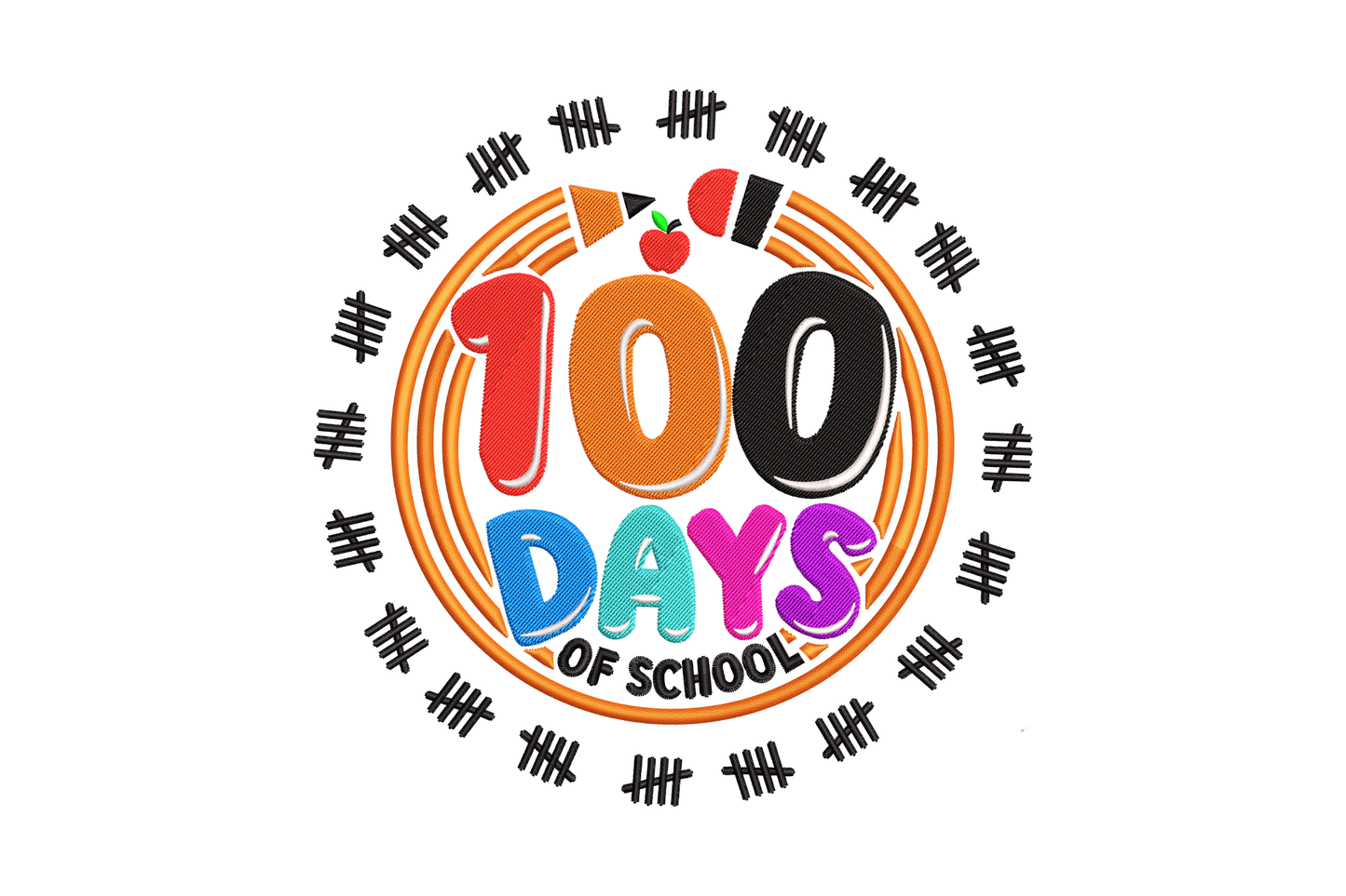 100 days of school embroidery design with bubble letter numbers, orange tally mark ring, red apple, and rainbow lettering