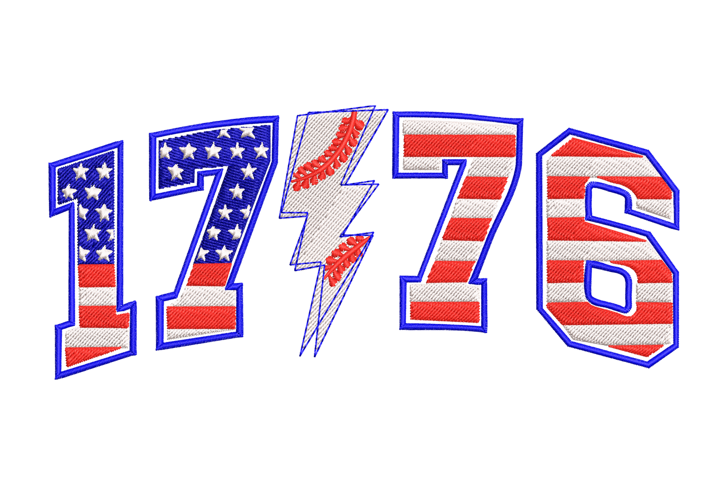 1776 stars and stripes embroidery design with flag-filled block numerals and lightning bolt accent in red white and navy blue