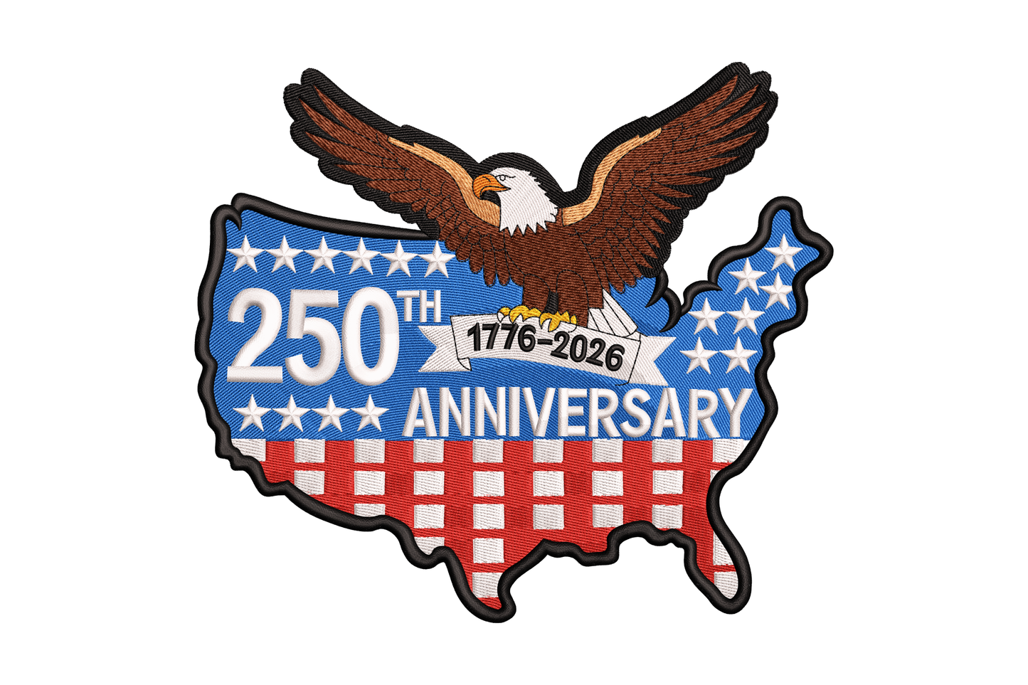 Eagle emblem with '250th Anniversary 1776-2026' on a map of the United States.