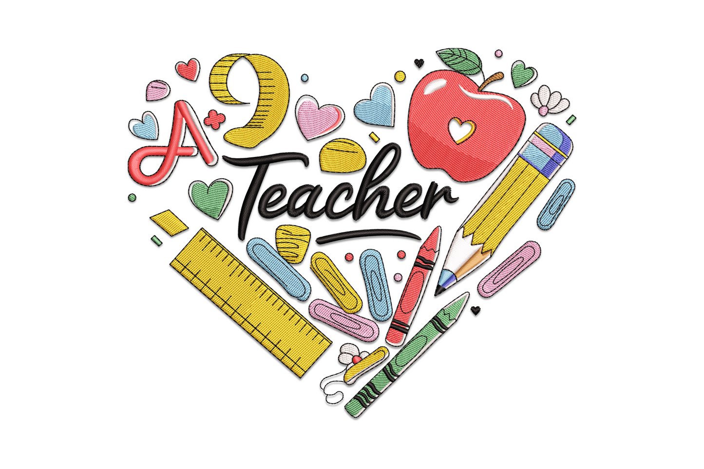 A+ Teacher heart embroidery, red apple, ruler, crayons, pencils, paperclips and cursive Teacher text, 9 colours.