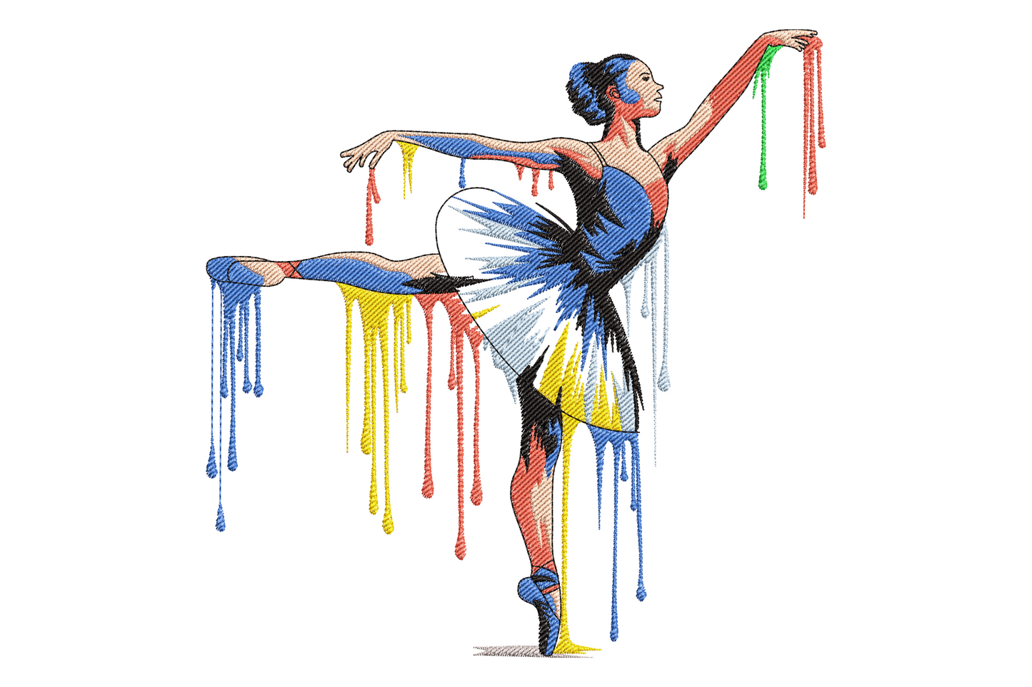 Abstract ballet dancer embroidery design, eight colours, geometric fragmented figure in mid-pose with arm raised