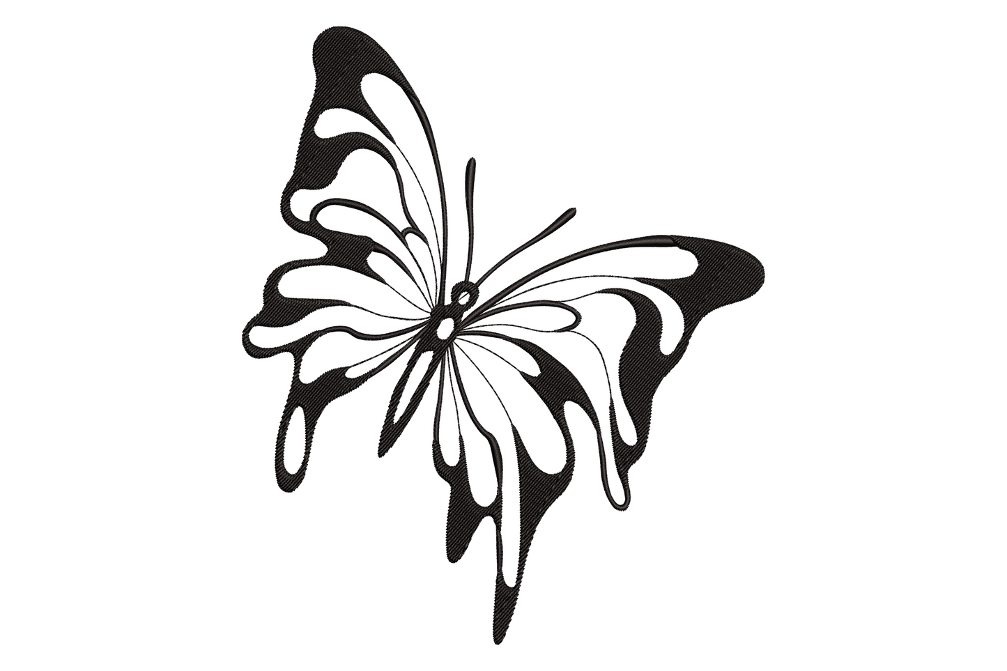 Abstract black butterfly embroidery design with bold wing sections and curved open channels, single color, mid-flight pose