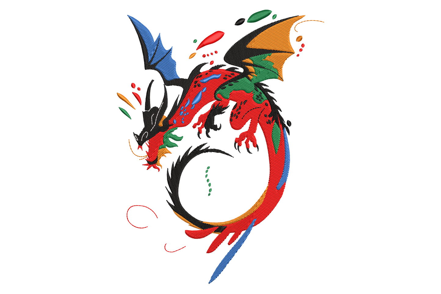 Abstract colorful dragon machine embroidery design, geometric flat colour dragon with teal and coral sections on black canvas