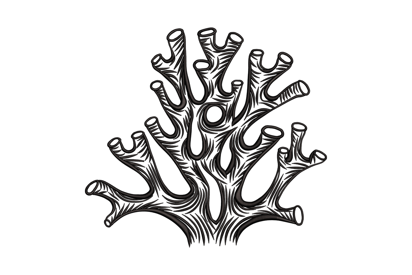 Abstract coral branch machine embroidery design, single colour coastal botanical motif with branching arms and fine tips