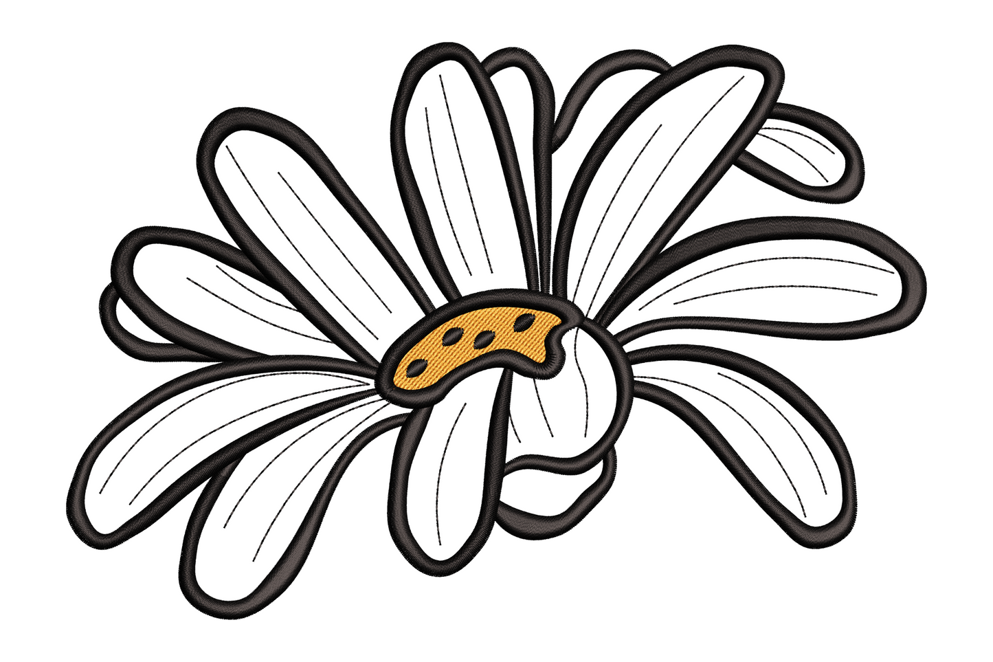 Abstract daisy flower embroidery design with open irregular line-art petals and small orange textured centre.