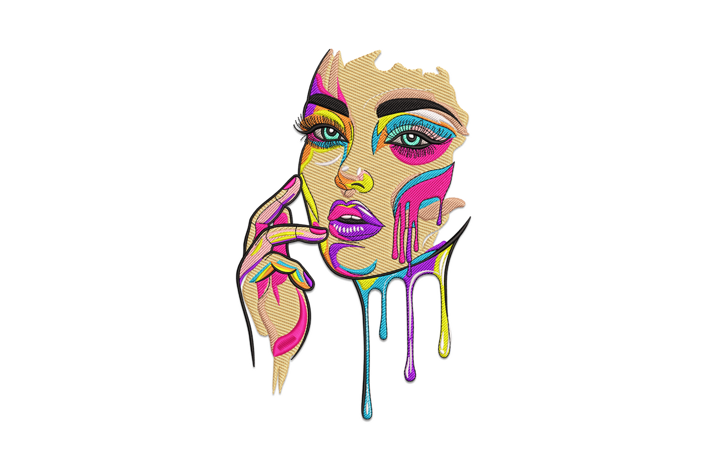Abstract dripping face embroidery design, surreal portrait with melting features and colour drips below the chin, 12 colours in coral, cobalt and magenta thread