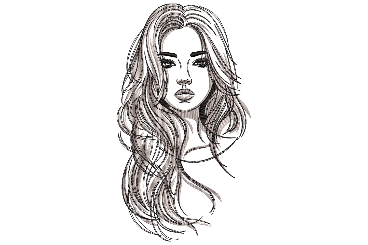 Abstract female portrait embroidery with loose flowing wavy hair in grey and black satin column stitch lines, fashion illustration style.