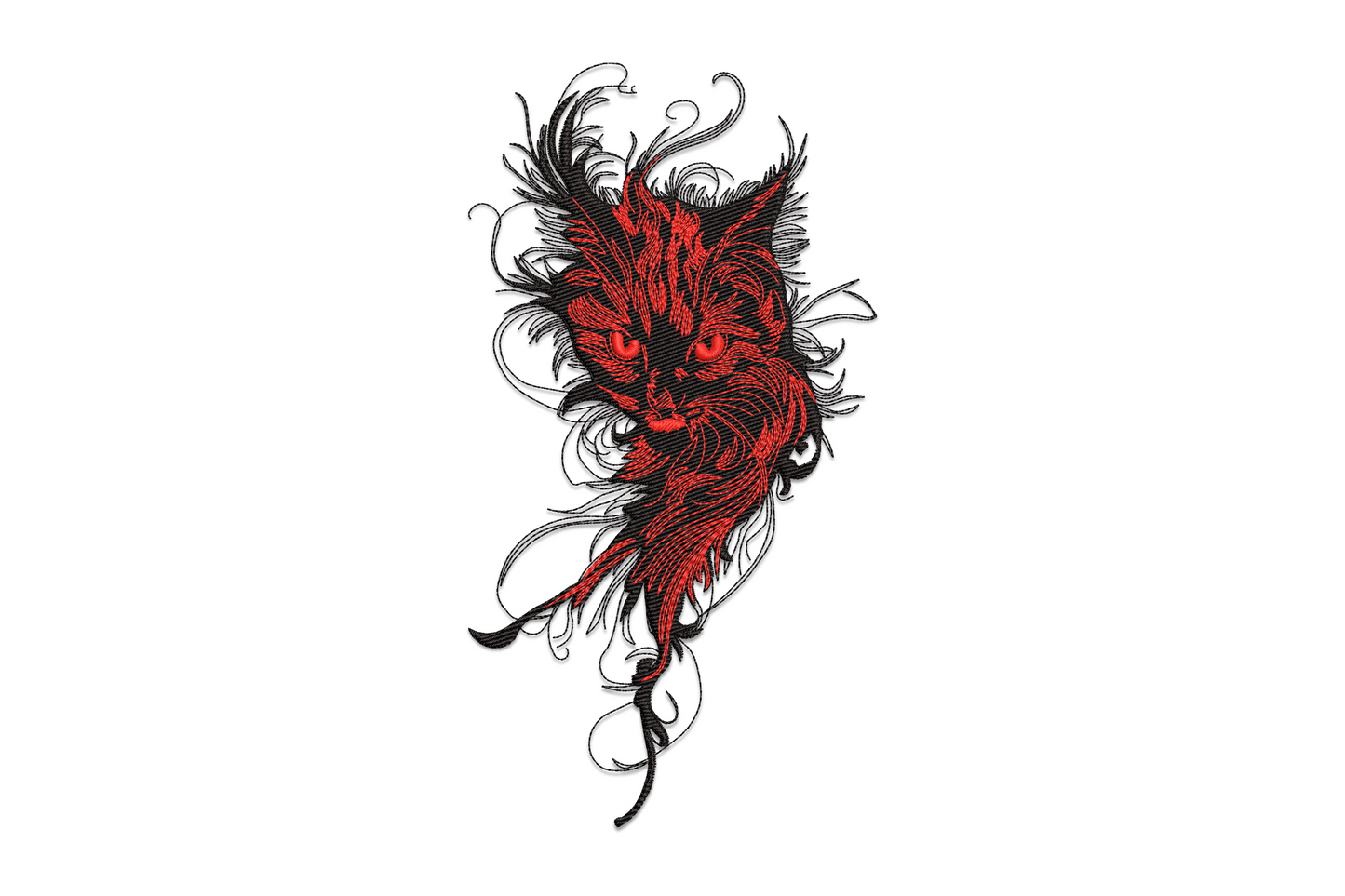 Abstract fierce cat embroidery in deep red with glaring eyes and swirling black filigree linework.