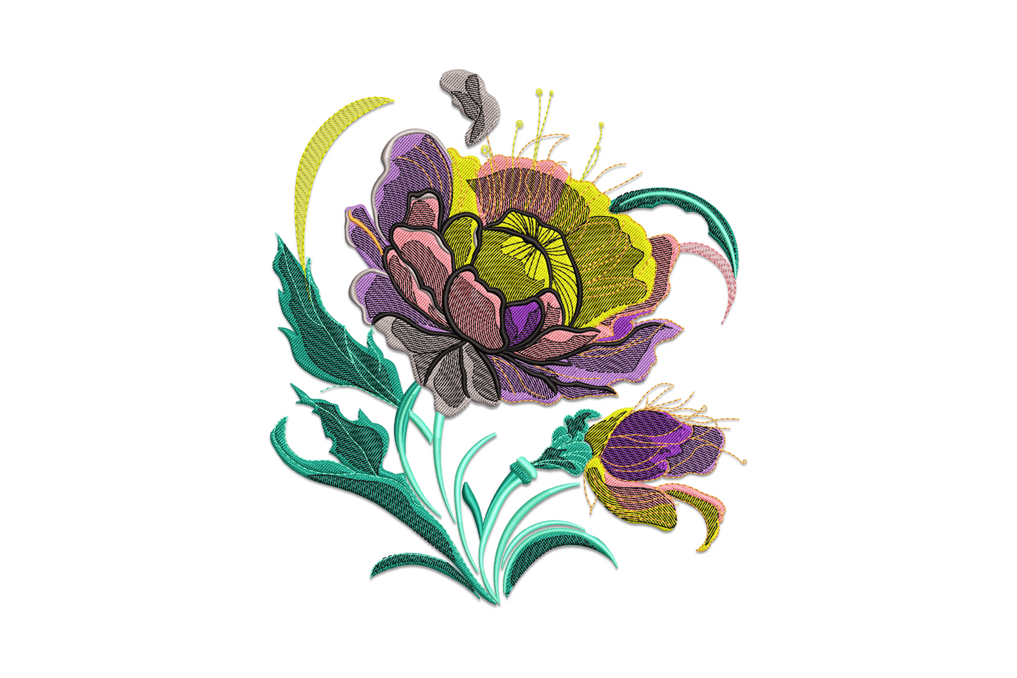 Abstract floral bloom embroidery with large peony petals in mustard yellow, hot pink and purple, teal botanical stems and a side bud, 9 colours.