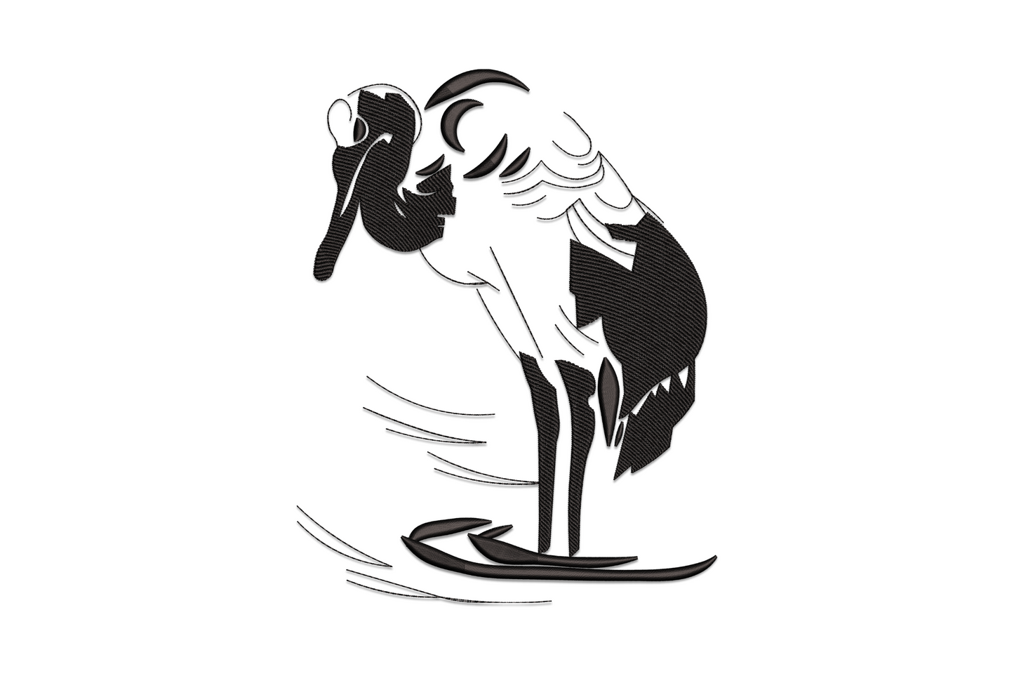 Abstract heron embroidery in single black thread, geometric body sections, open negative space gaps and long curved bill.