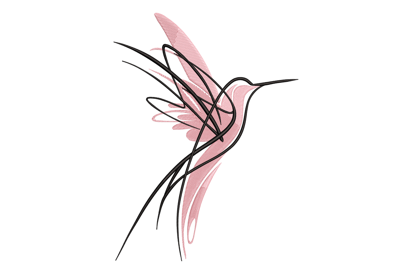 Abstract hummingbird embroidery with flowing black continuous line art body and soft blush pink satin wing fill, minimalist style.