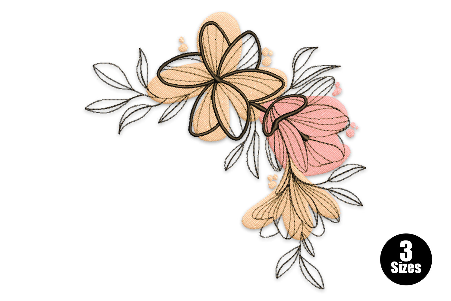 Abstract neutral floral line art embroidery, large peach bloom and blush tulip with outline leaves, corner botanical