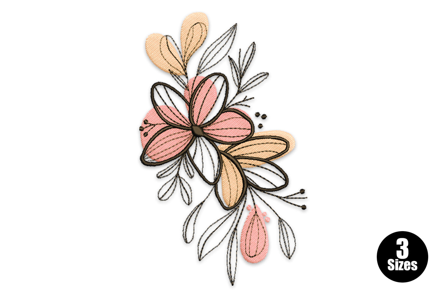 Abstract pastel floral line art embroidery, dusty rose and peach petals, black sketch leaves and wispy stem lines