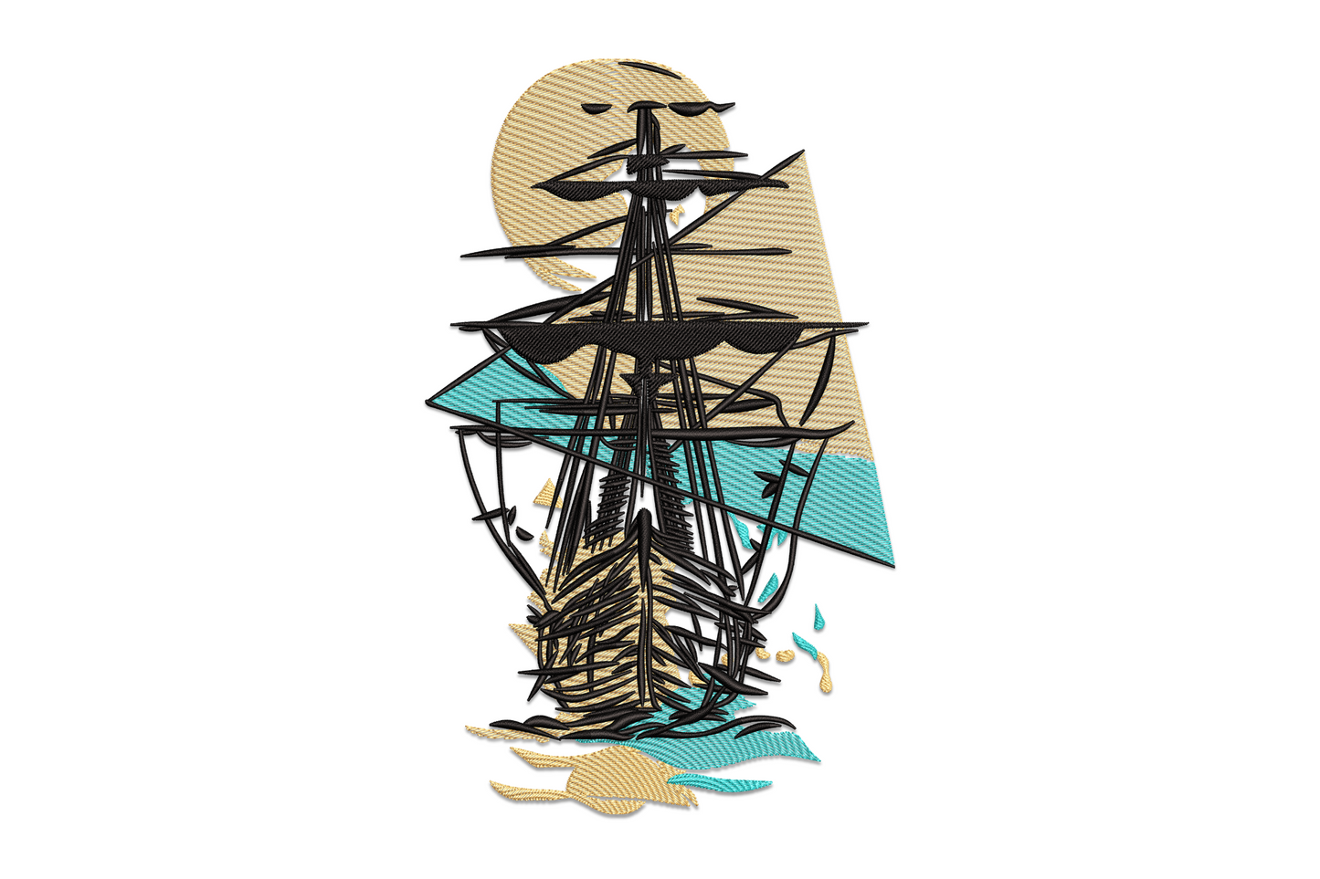 Abstract sailing ship embroidery with sketchy black linework, sandy gold sun circle and flat teal geometric sea shapes.