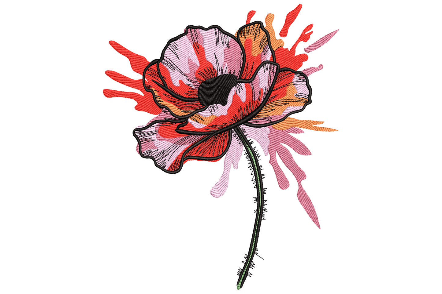 Watercolor poppy flower embroidery design with coral red bloom, charcoal speckle centre and a thin sage green stem on white.