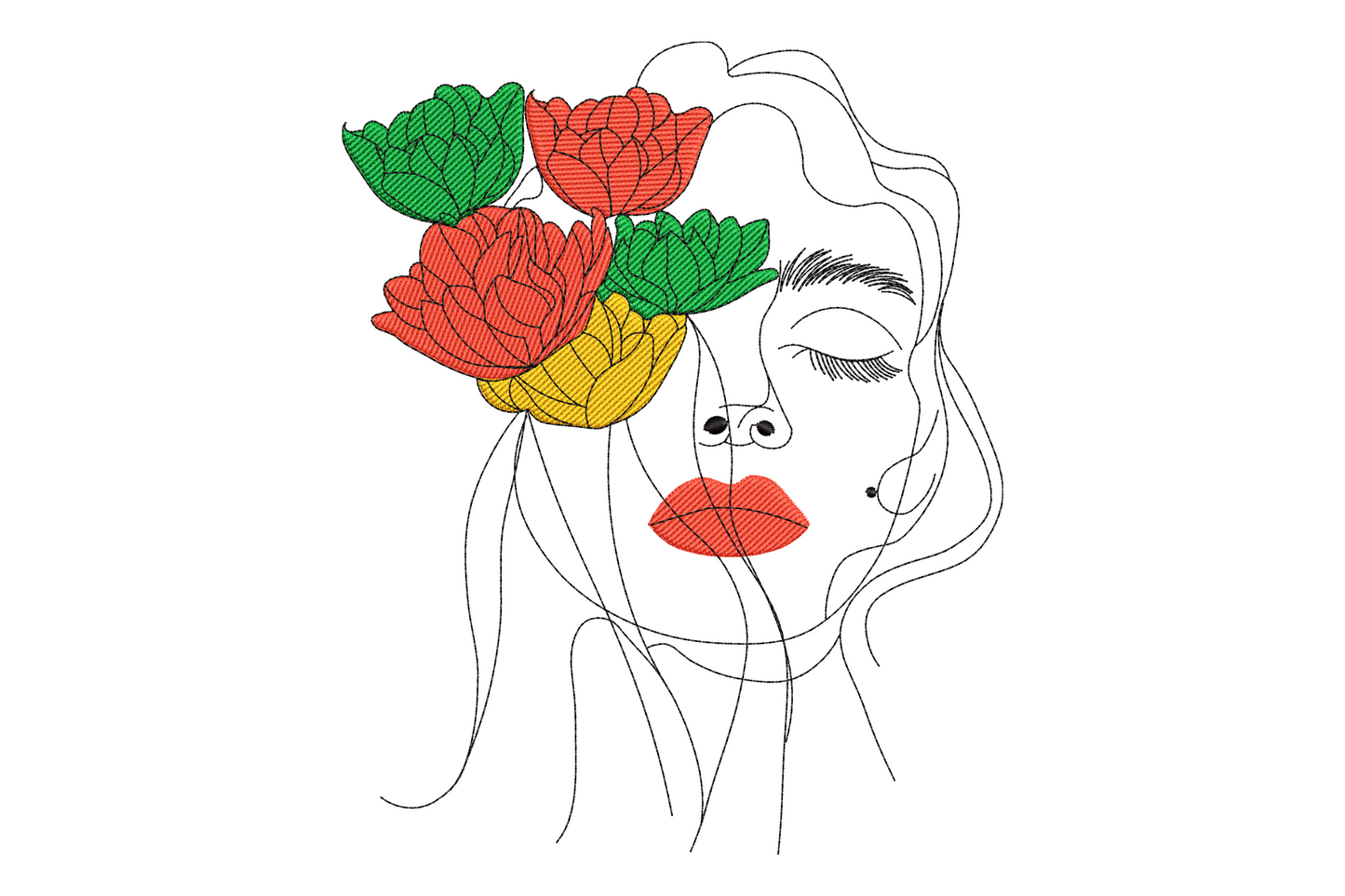 Abstract woman face embroidery with minimalist line-art profile, coral peonies, green leaves and mustard bloom on flowing hair.