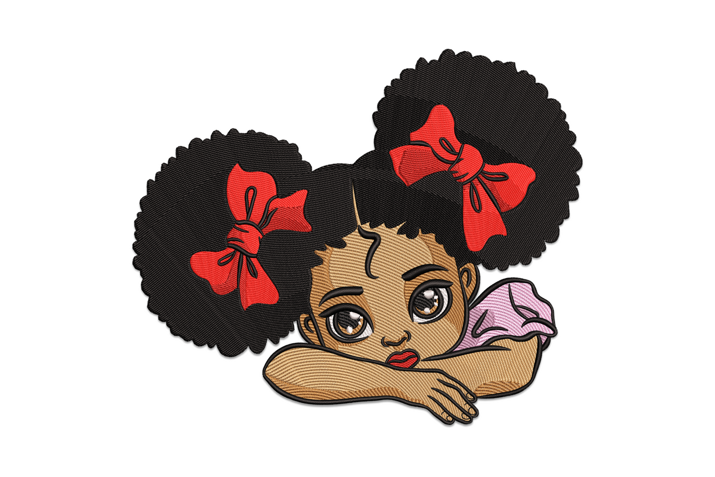 Afro girl character embroidery design, cartoon portrait with large round afro hairstyle, 9 thread colours, 5 sizes from 3.5 to 7.5 inches wide