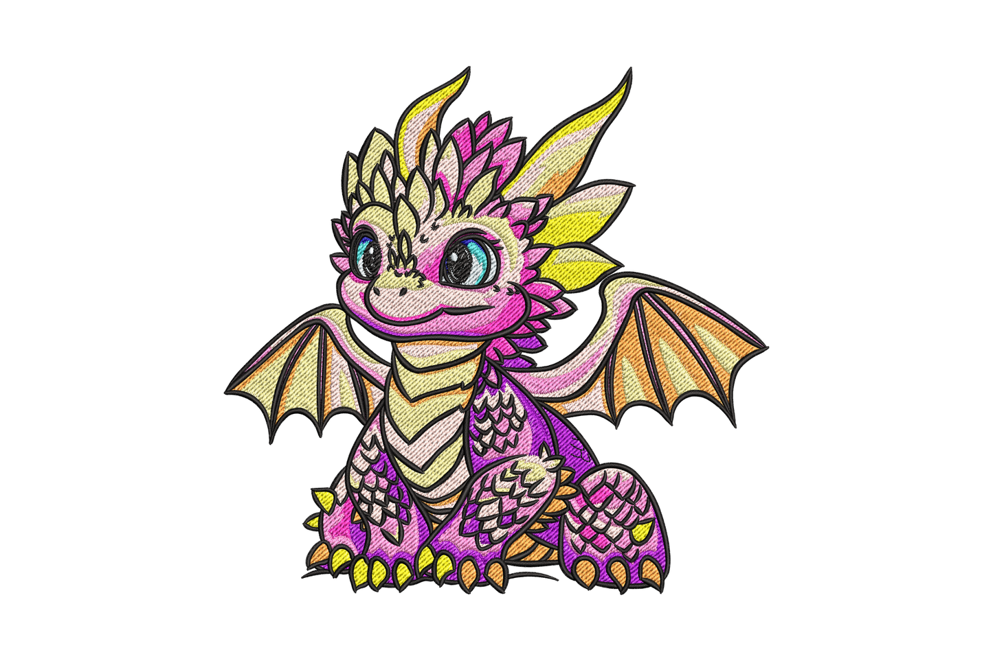 Cartoon baby dragon with rounded green scales, butter yellow belly, tucked wings, big round eyes, pink nose, sleepy curled pose, thick outline embroidery style.