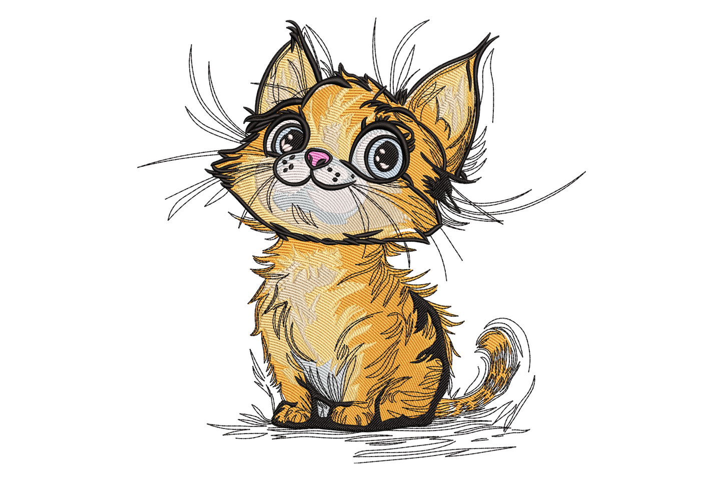 Baby kitten embroidery design in sketchy ink style with wild flyaway ginger fur, oversized round eyes and a surprised expression.