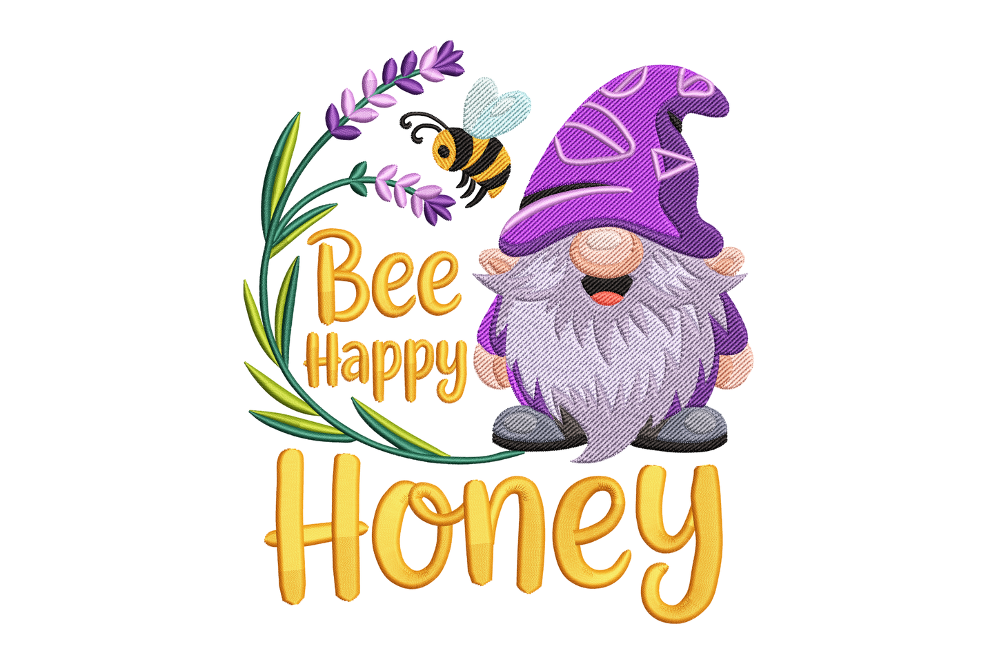 Gnome character with purple hat and beard, bee, lavender flower, and 'Bee Happy Honey' text embroidery design