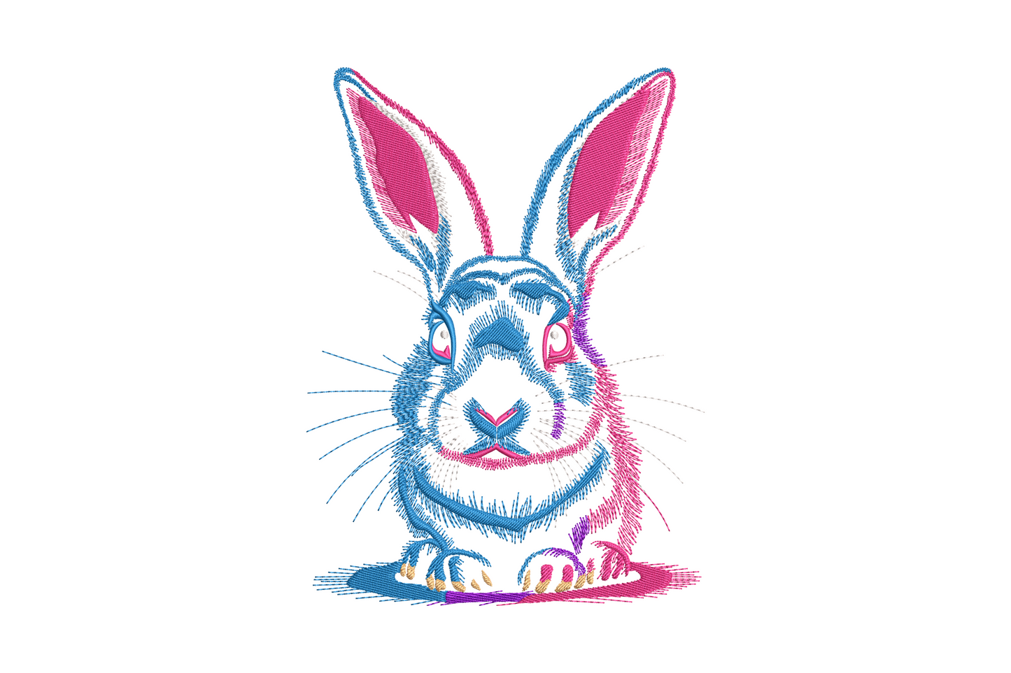 Bold duotone bunny face embroidery in hot pink and sky blue, front-facing with tall ears and detailed fur texture.
