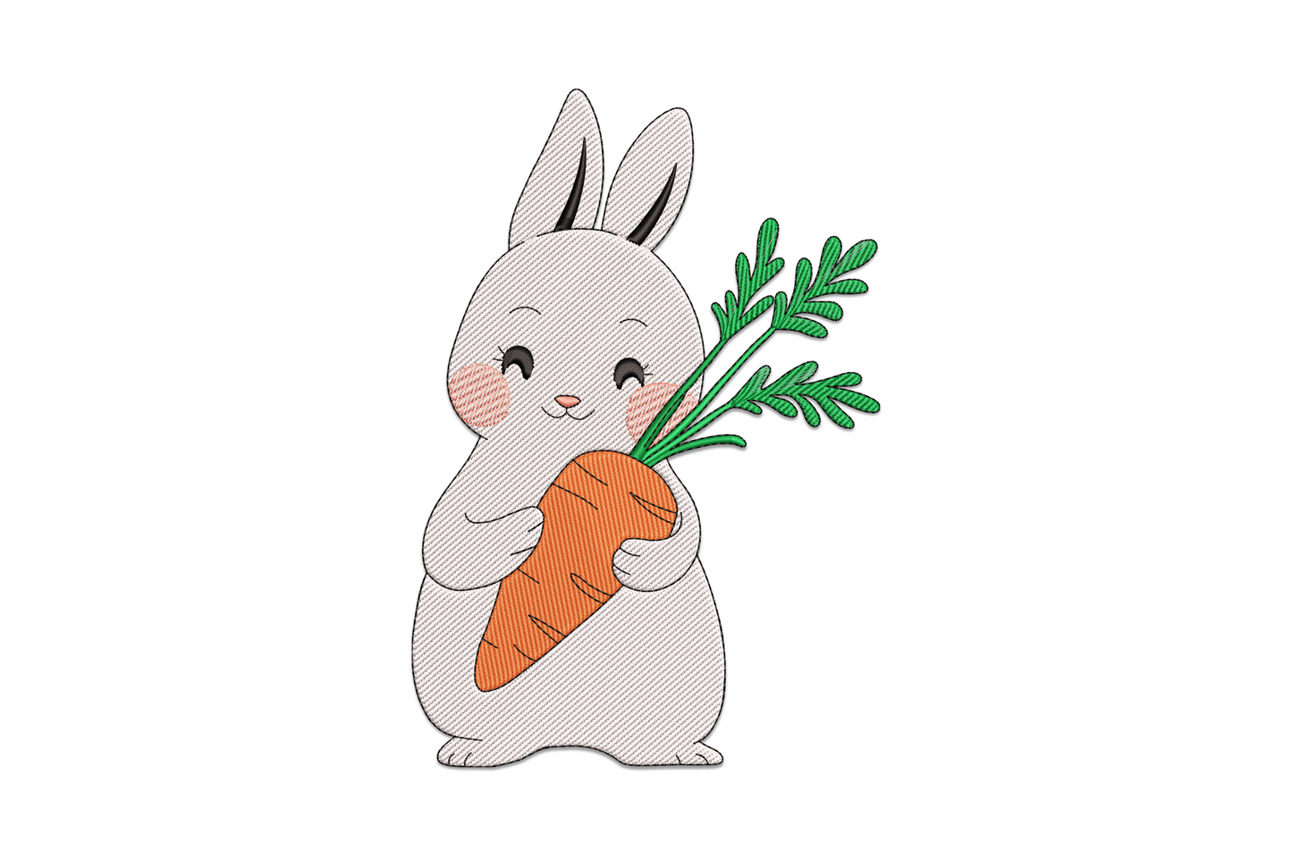 Kawaii cartoon bunny holding a large orange carrot embroidery design in white, peach, orange, green and black thread