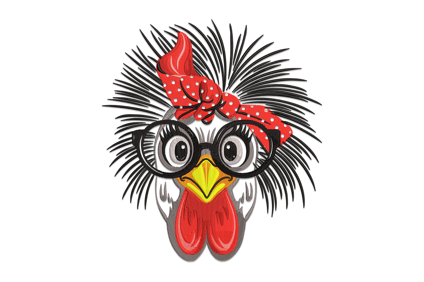 Funny chicken with glasses embroidery design showing spiky feathers, round spectacles, red polka-dot bow, and yellow beak.
