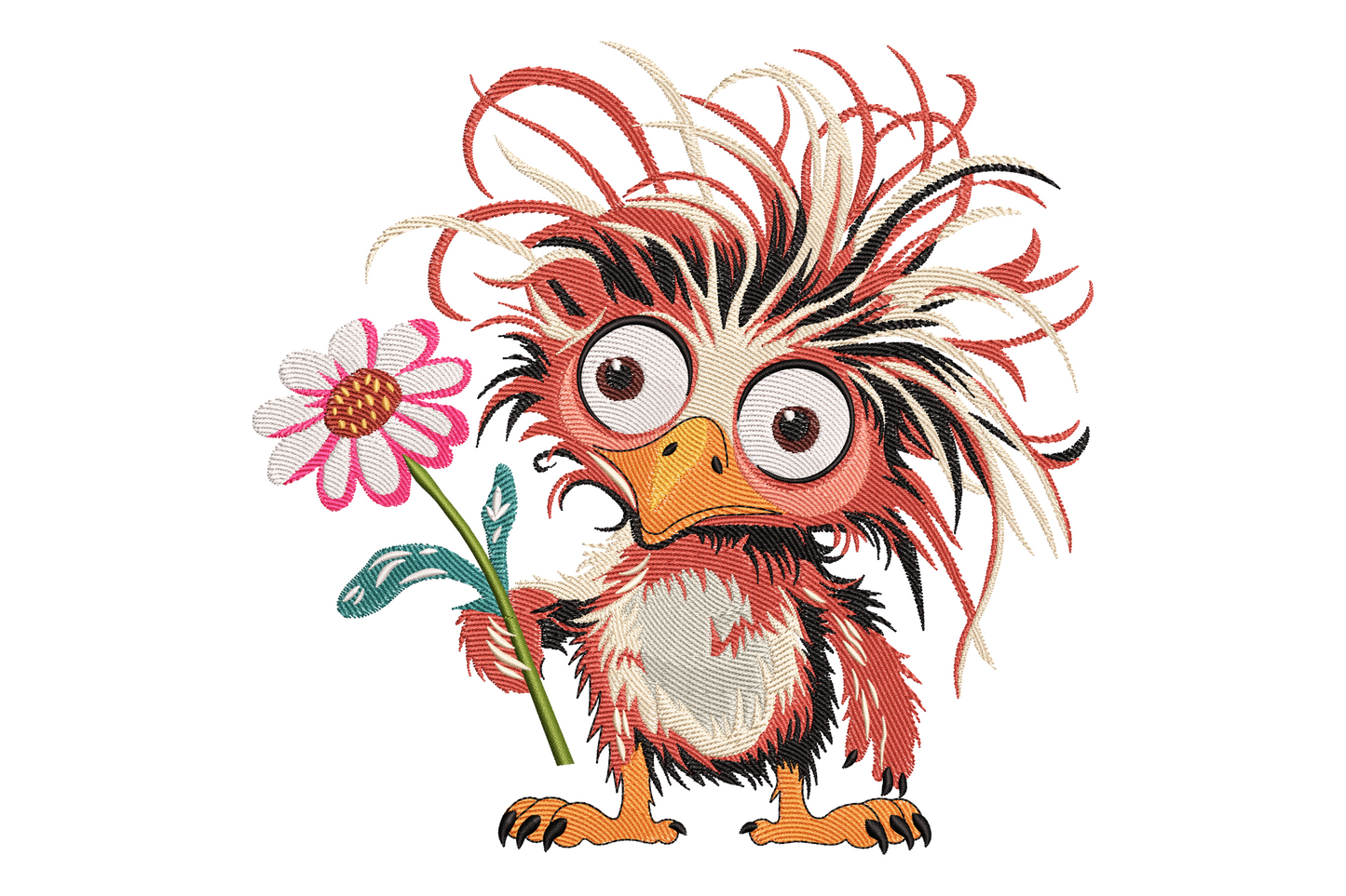 Cartoon crazy bird embroidery with wild feathers and wide eyes, 15 colours, 9 sizes 3.39 to 7.26 inches, instant download