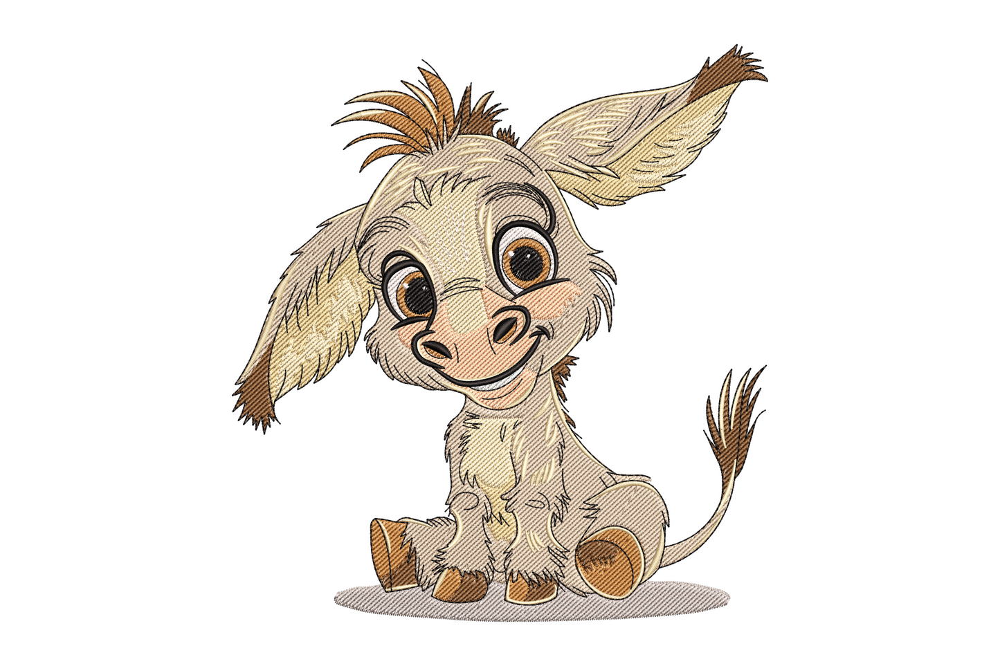 Adorable donkey embroidery design, front-facing portrait with big gentle eyes and perked ears, soft grey fur in 12 colours