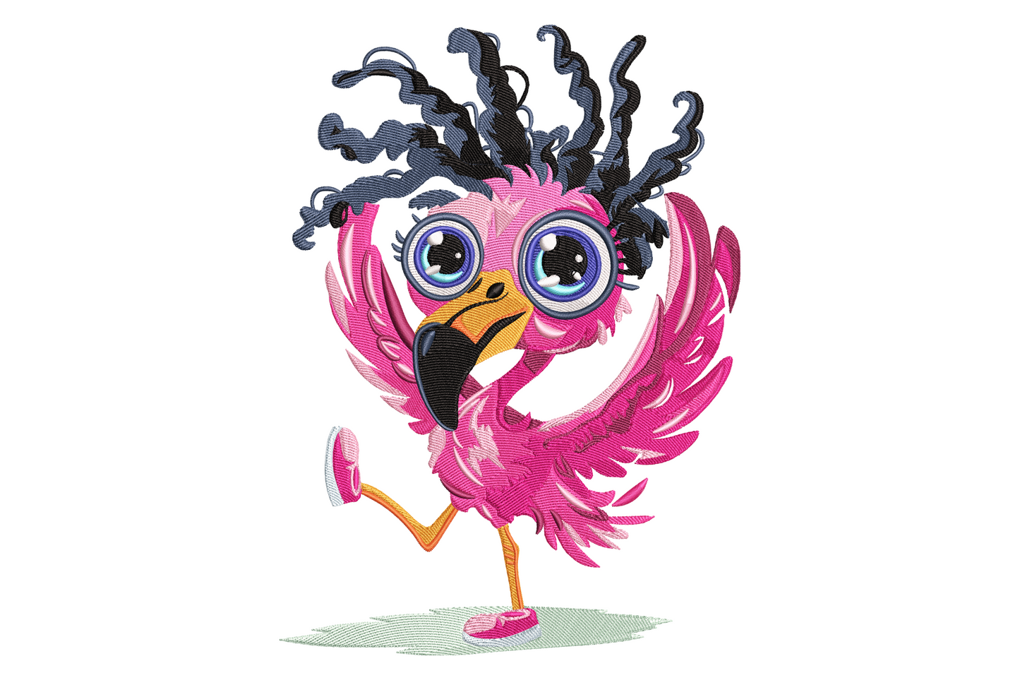 Adorable cartoon flamingo machine embroidery, 16 colours, round body with spiral eyes and wild black head feathers, kawaii style