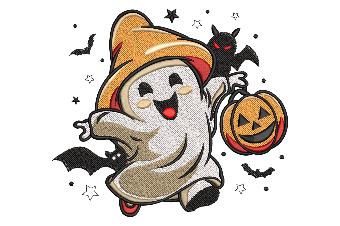 Adorable round halloween ghost character with rosy cheeks and lavender accents, 7 colour machine embroidery design, shown on white fabric background, 5 sizes from 3.1 to 6.6 inches wide