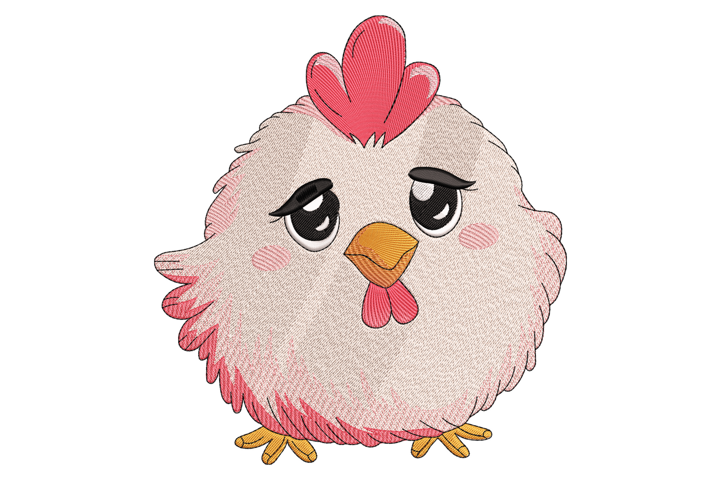 Kawaii chicken embroidery round fluffy blush body big anime eyes red heart comb orange beak rosy cheeks cute cartoon