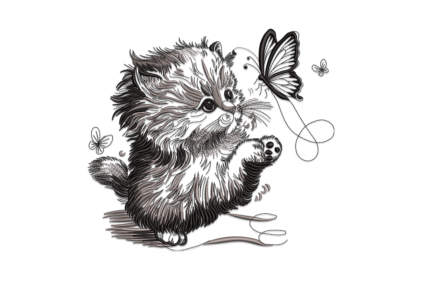Fluffy grey and black kitten embroidery, one paw raised toward a butterfly, dense directional fur stitching, smaller flower and butterfly accents.