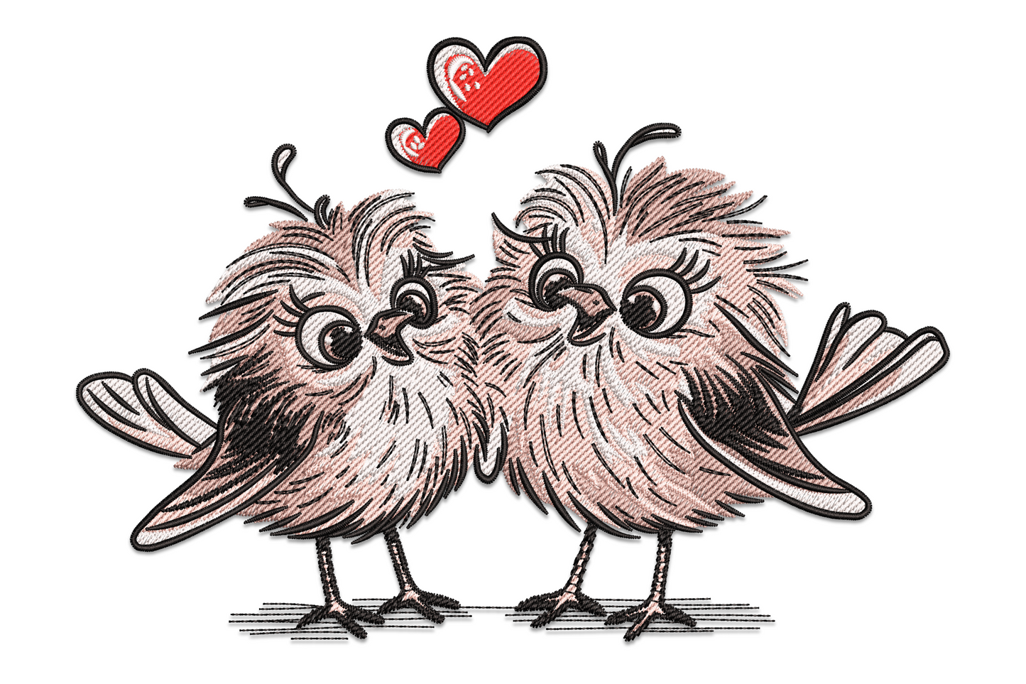 Love birds embroidery, two fluffy sketch birds facing each other with red heart above, valentine romantic bird couple design