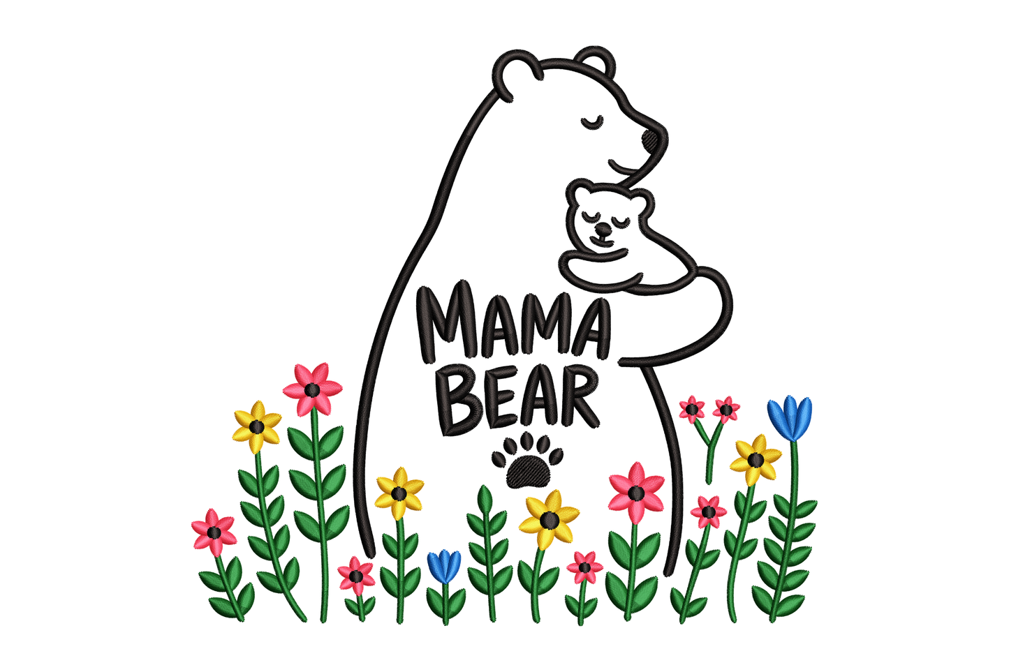 Illustration of a mama bear holding a baby bear with flowers around them embroidery design