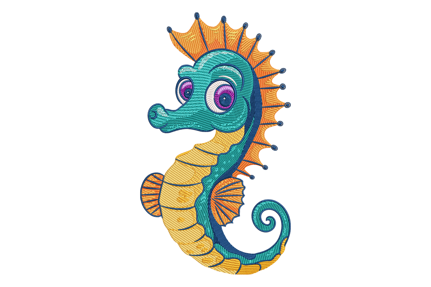 Colourful illustrative seahorse machine embroidery design curling in S-shape, eleven colours including teal coral and navy, vertical composition on white background.