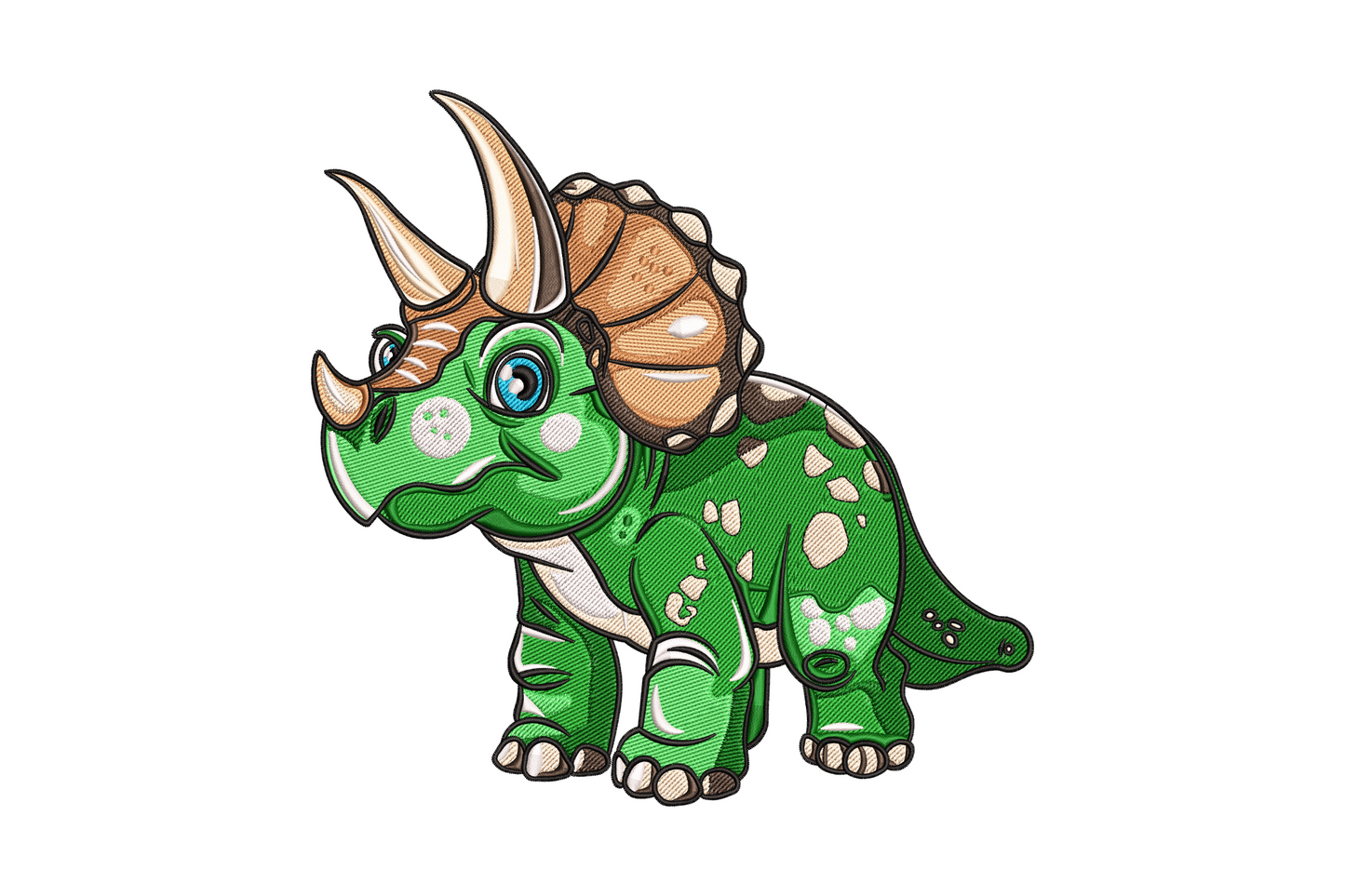 Adorable triceratops embroidery design showing a friendly chubby dinosaur in 10 colours with olive green body, cream horn tips, amber eye and shaded frill detail.