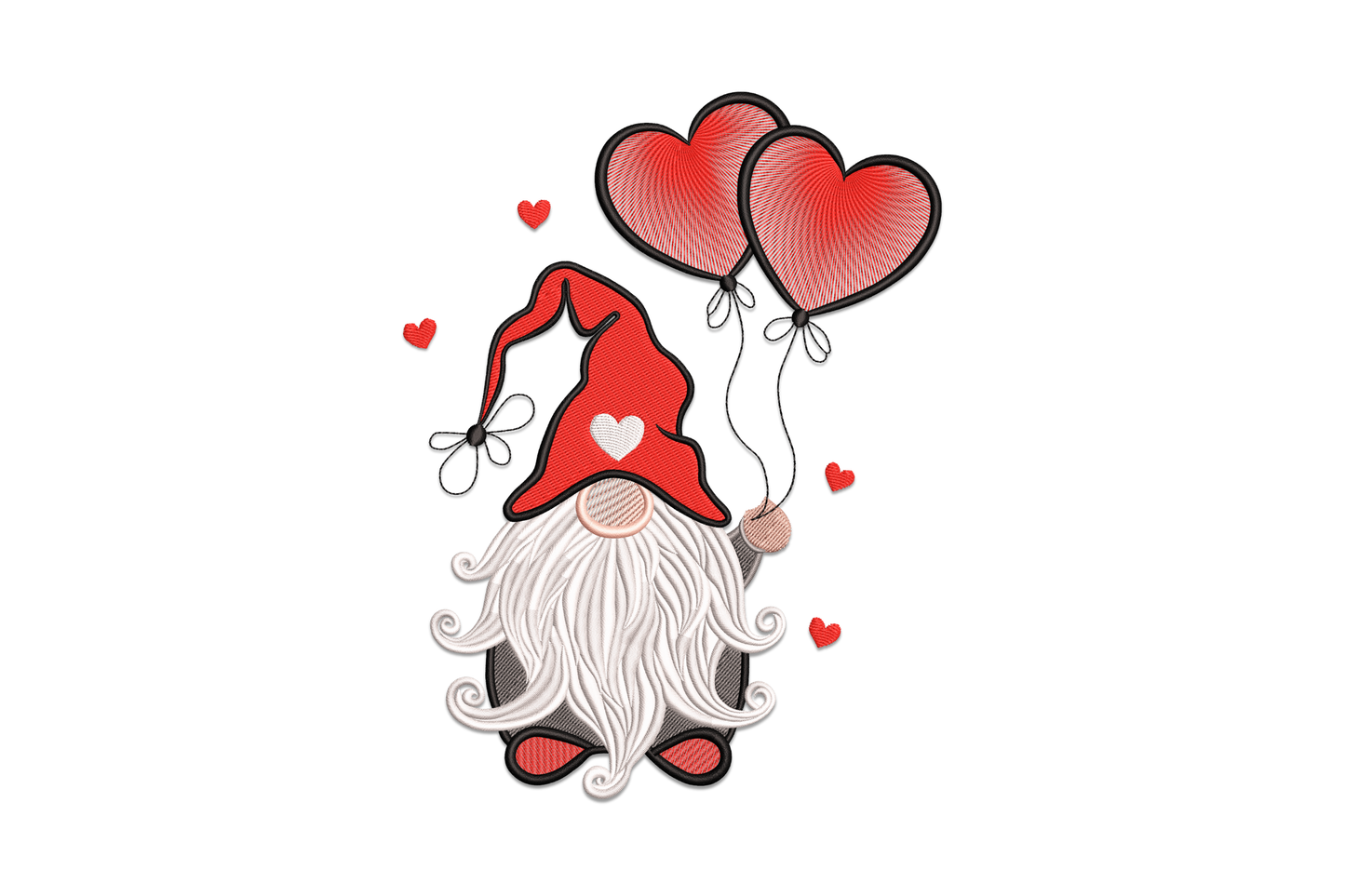 Cute valentine gnome embroidery design, tall striped hat, fluffy white beard, pink heart, 7 thread colours, 5 sizes