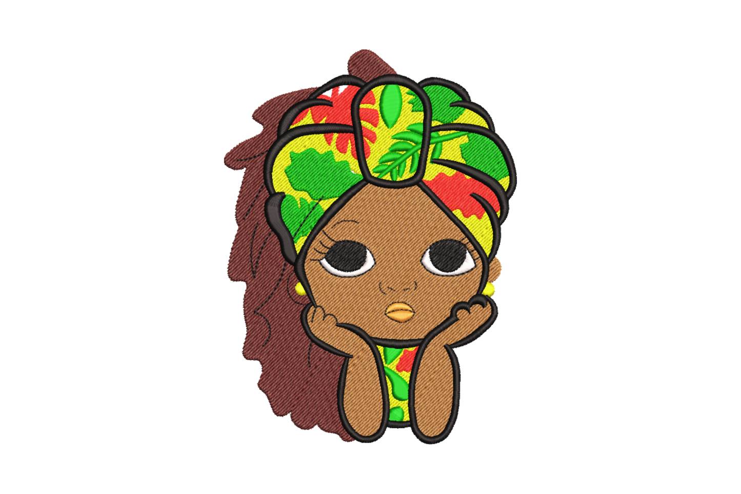 Kawaii African girl bust embroidery in a green, yellow and red leaf-print headwrap with brown locs and hands cupped under chin.