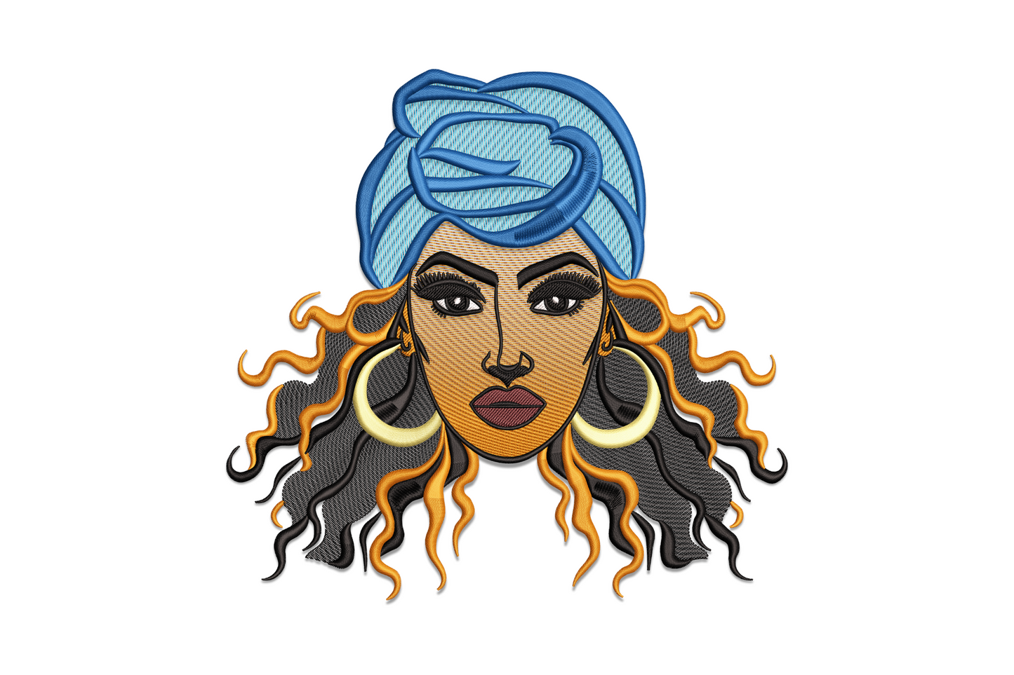 African queen headwrap embroidery, woman portrait, steel blue wrap, dark curly hair, orange-gold tips, gold hoop earrings.