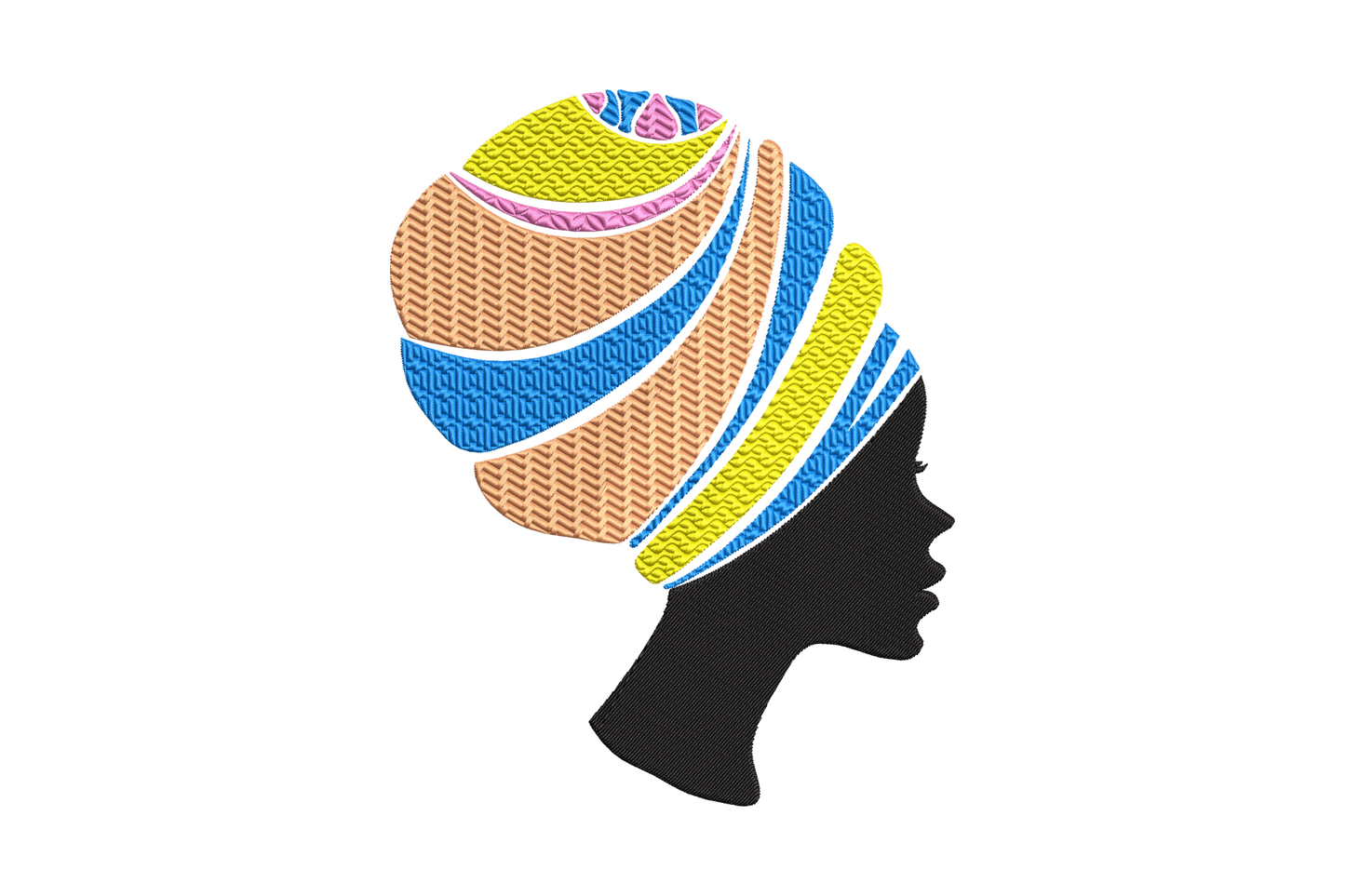 African woman side-profile silhouette embroidery with a coiled turban headwrap in blue, yellow, salmon and pink.