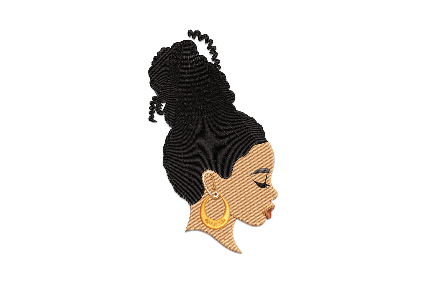 African woman profile embroidery design showing a side-view silhouette with decorative headwrap, terracotta skin tones, and clean black outline on white background.