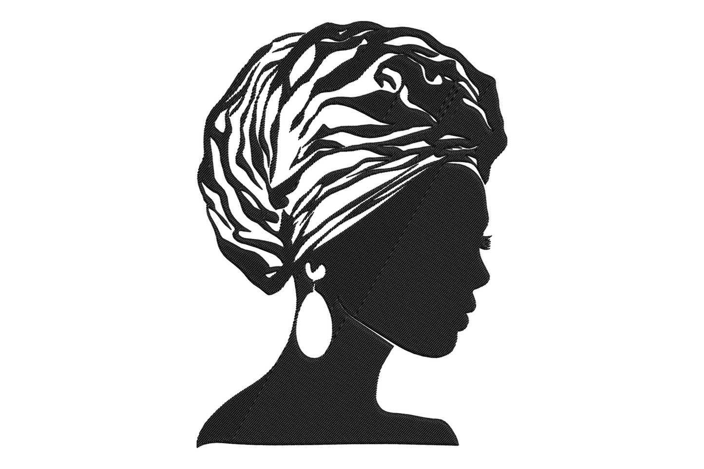 Machine embroidery African woman silhouette design, bold single-colour profile view with large natural afro shape, solid fill satin outline, graphic portrait style on one colour.