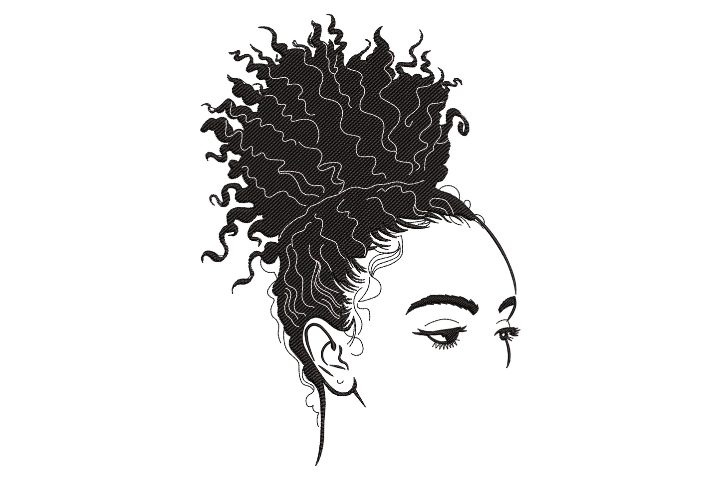 Side profile embroidery design of a Black woman with her natural curly afro hair gathered up into a tall voluminous puff and her eye gently closed.