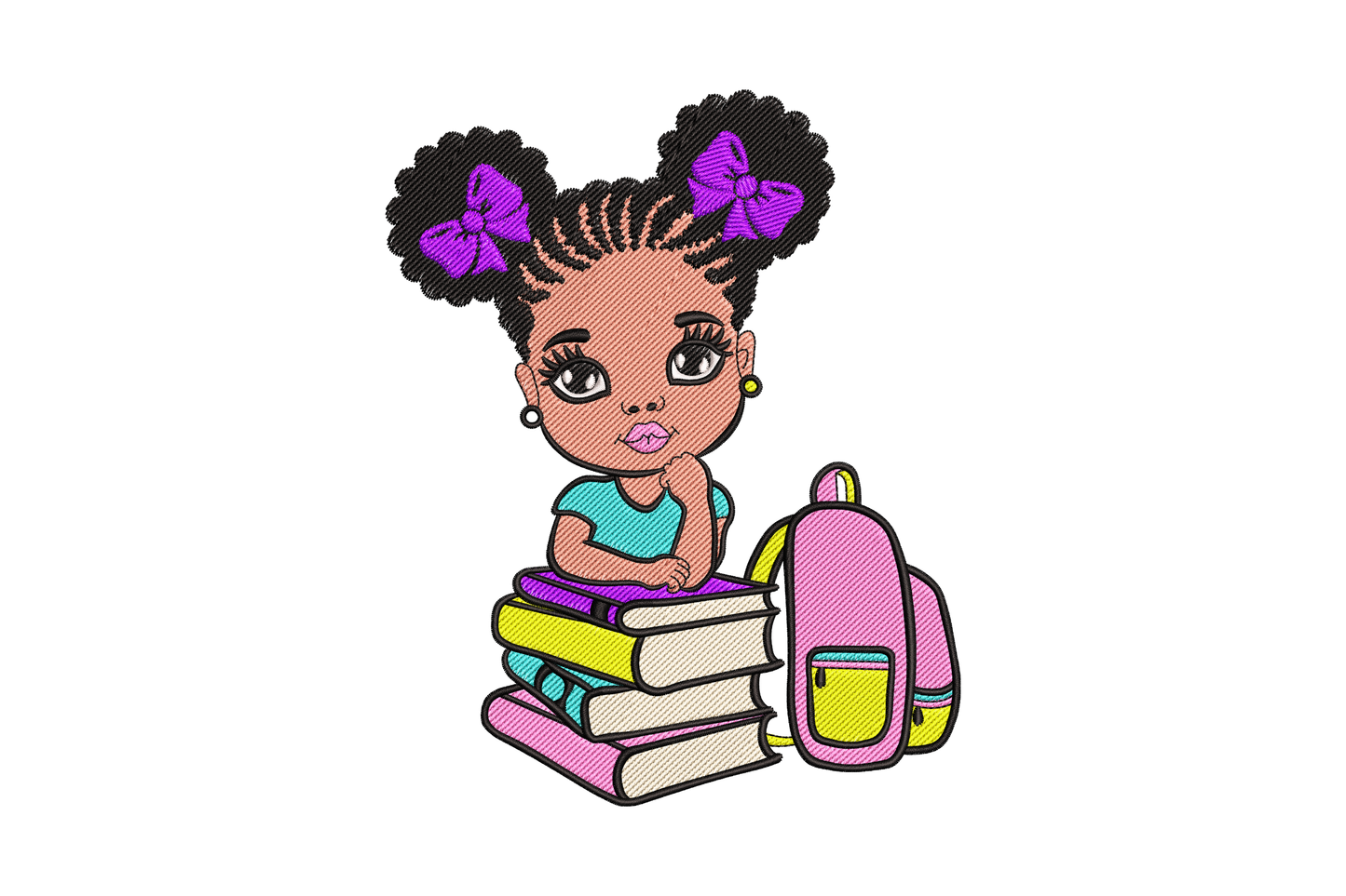 Afro girl student embroidery design, chibi girl leaning on stack of coloured books, purple bows, teal top, pink backpack with yellow pocket beside her.