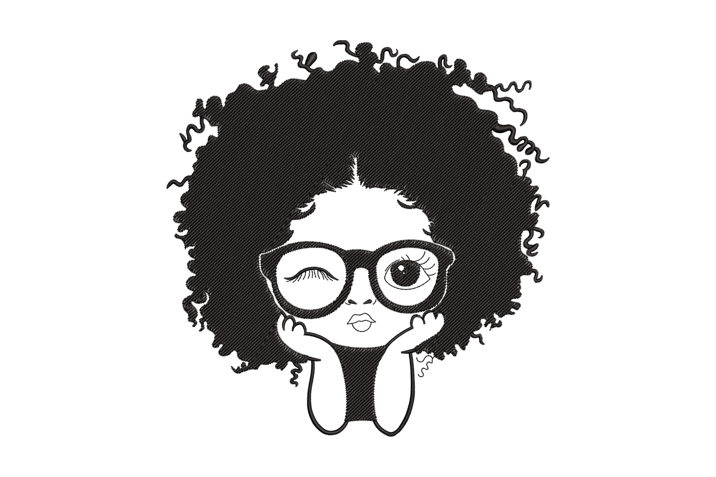 Cartoon afro girl winking embroidery design with huge curly afro, round glasses, one eye closed wink, black satin on white.