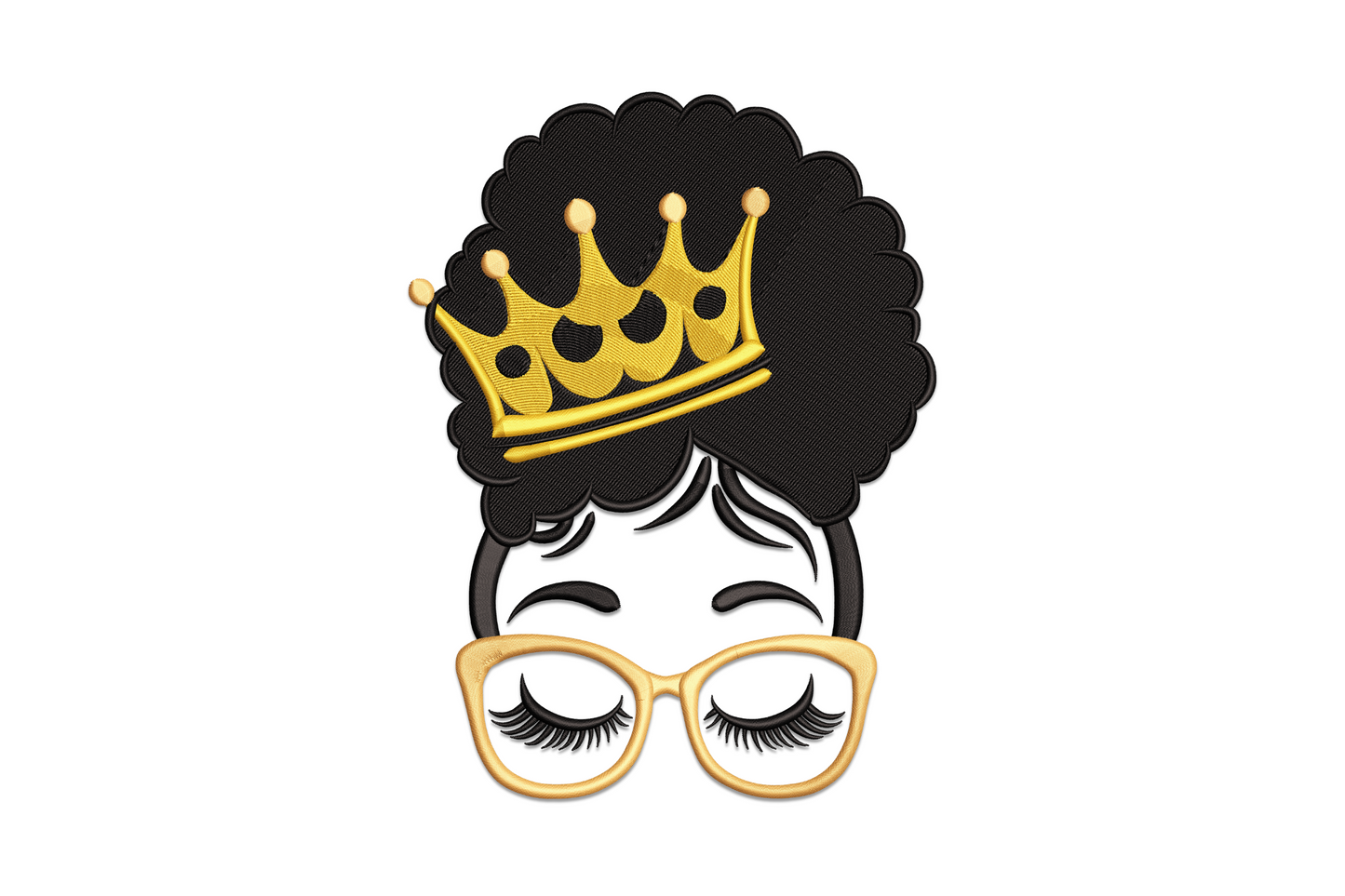 Afro queen crown glasses embroidery design, face crop with voluminous natural afro, gold 5-point crown, dramatic closed lashes and oversized amber cat-eye frames.