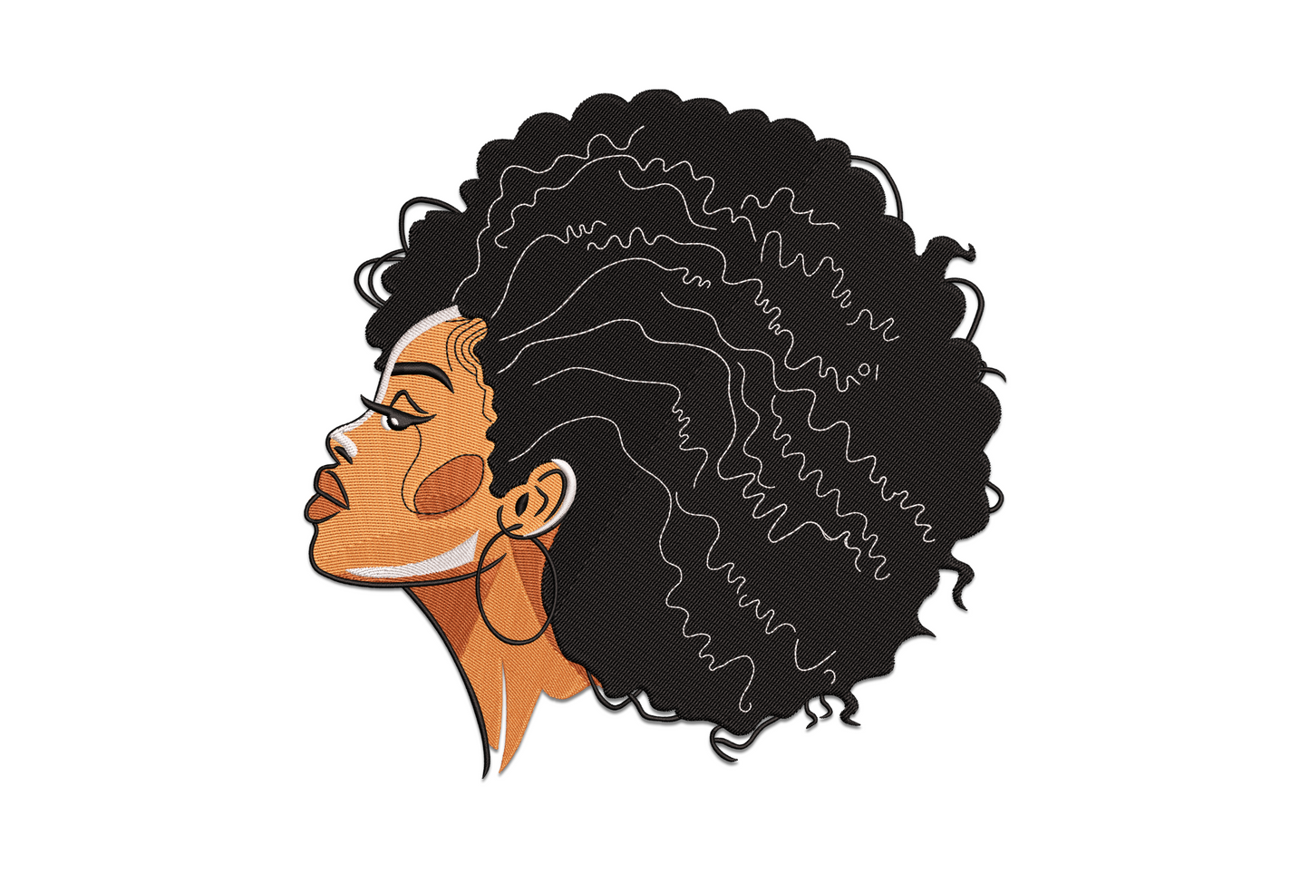 Afro woman profile embroidery design, detailed side portrait with natural afro, 5 colour face detail in satin stitch