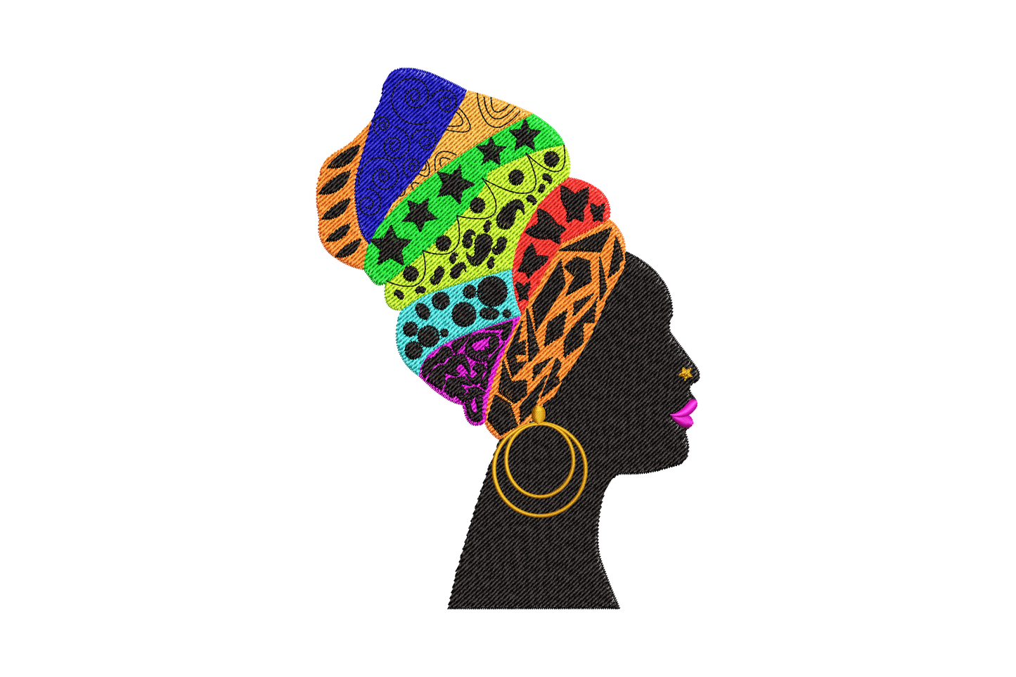 Afro woman rainbow headwrap embroidery, side profile with patterned colour-block wrap, gold hoop and magenta lips.
