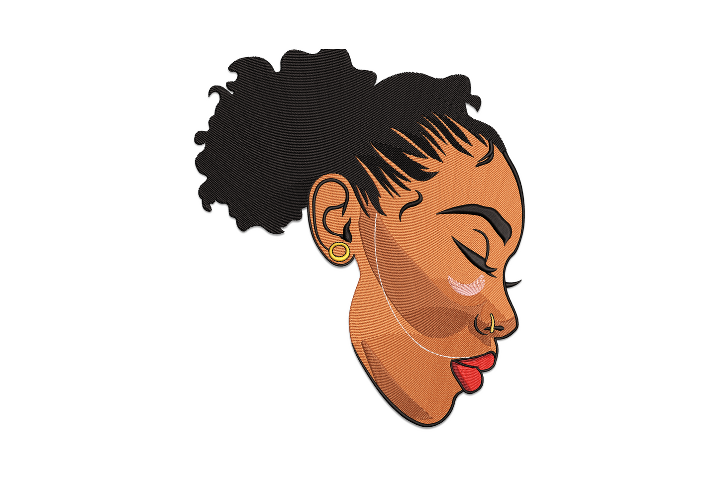 Afro woman side face embroidery design, 9 colour portrait with natural afro and botanical elements woven through the hair